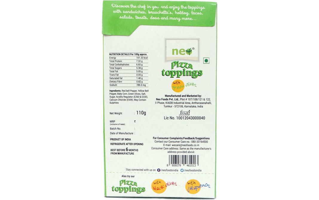 Neo Pizza Toppings With Green Olives   Pack  110 grams